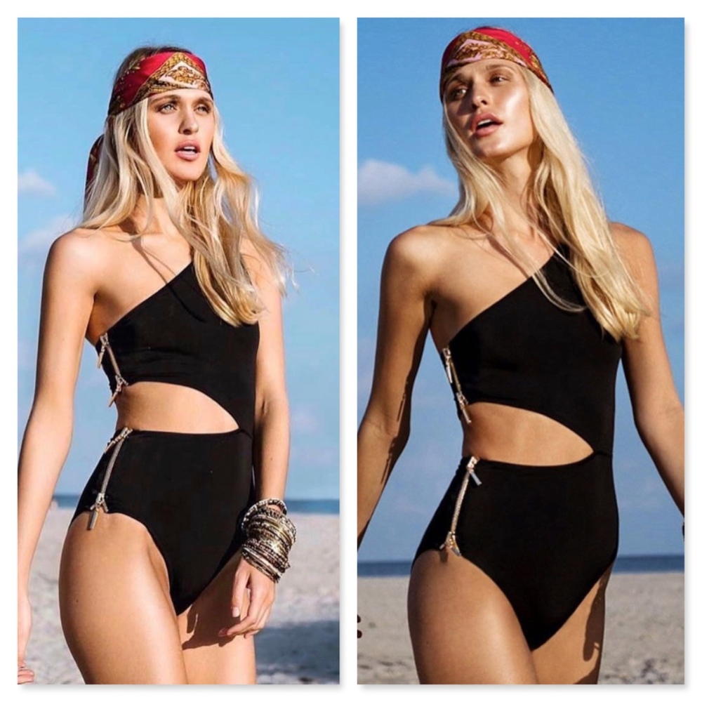 One Shoulder Zip One Piece Monokini Swimsuit - Picture 4 of 11